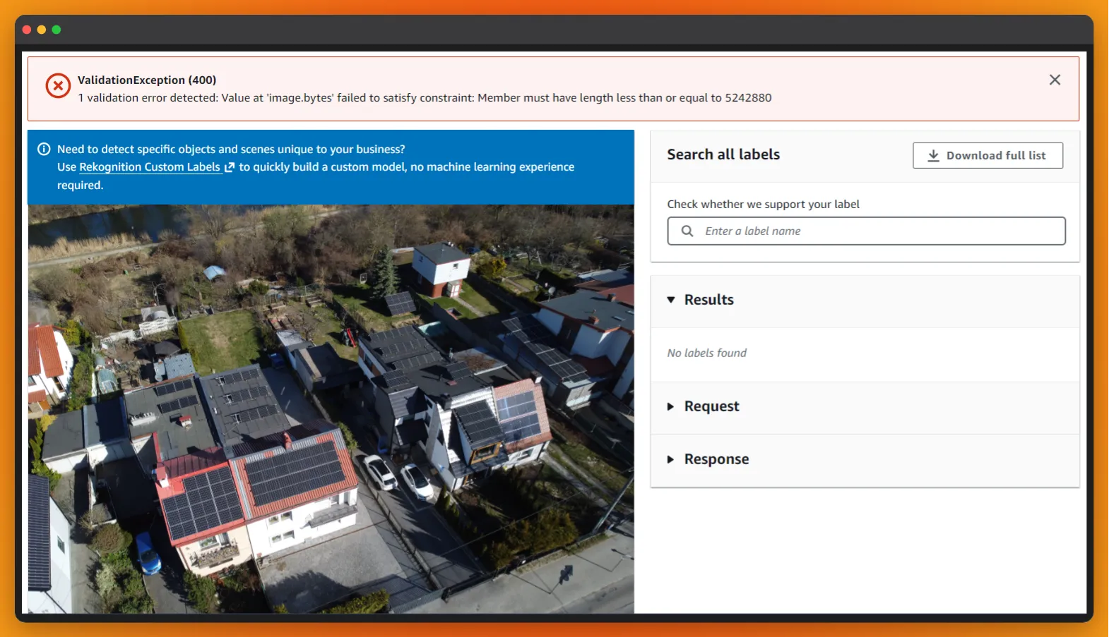 Screenshot of the red >5MB error on the web
