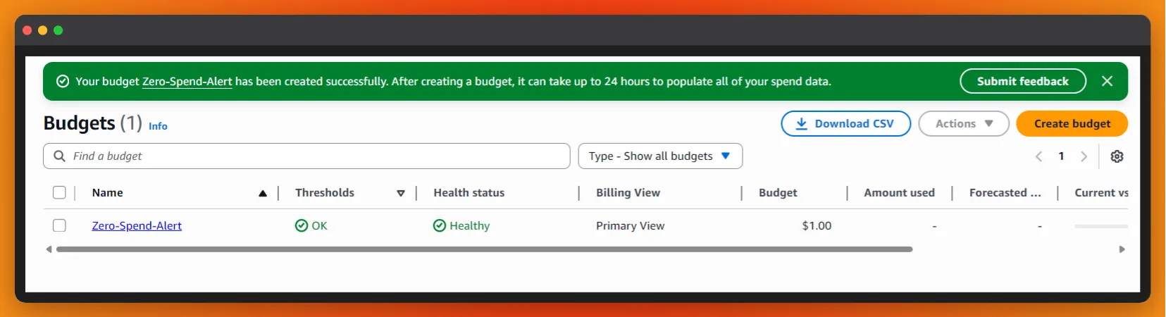 AWS Budget Zero Spend Alert